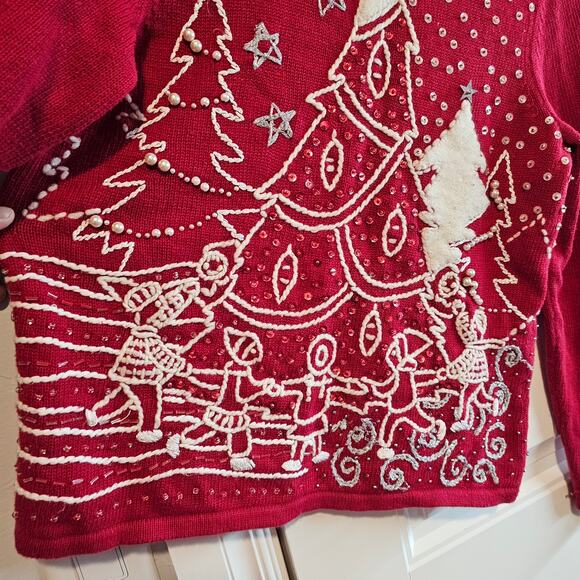 Christmas Sweater Women Small Red Beaded Winter Scene Family Holiday Party Retro - Picture 5 of 11